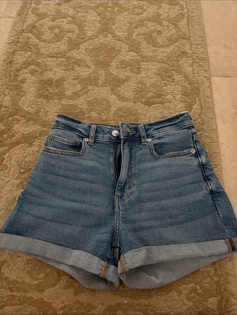 American Eagle High-Rise Blue Denim Rolled-Hem Shorts